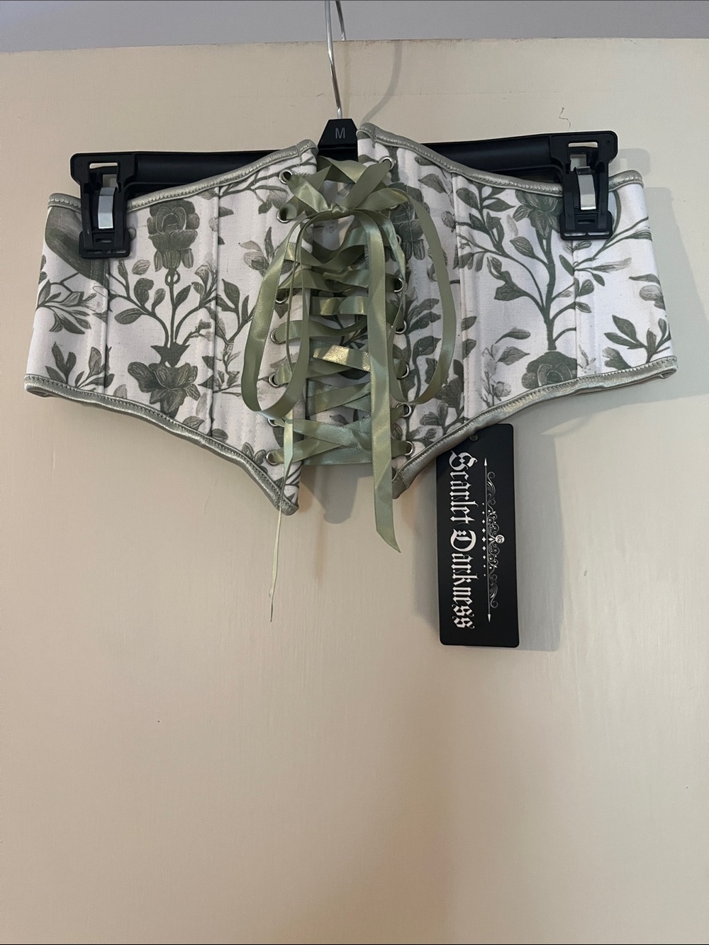 Satin Lace-Up Floral Waist Cincher - Sage/White